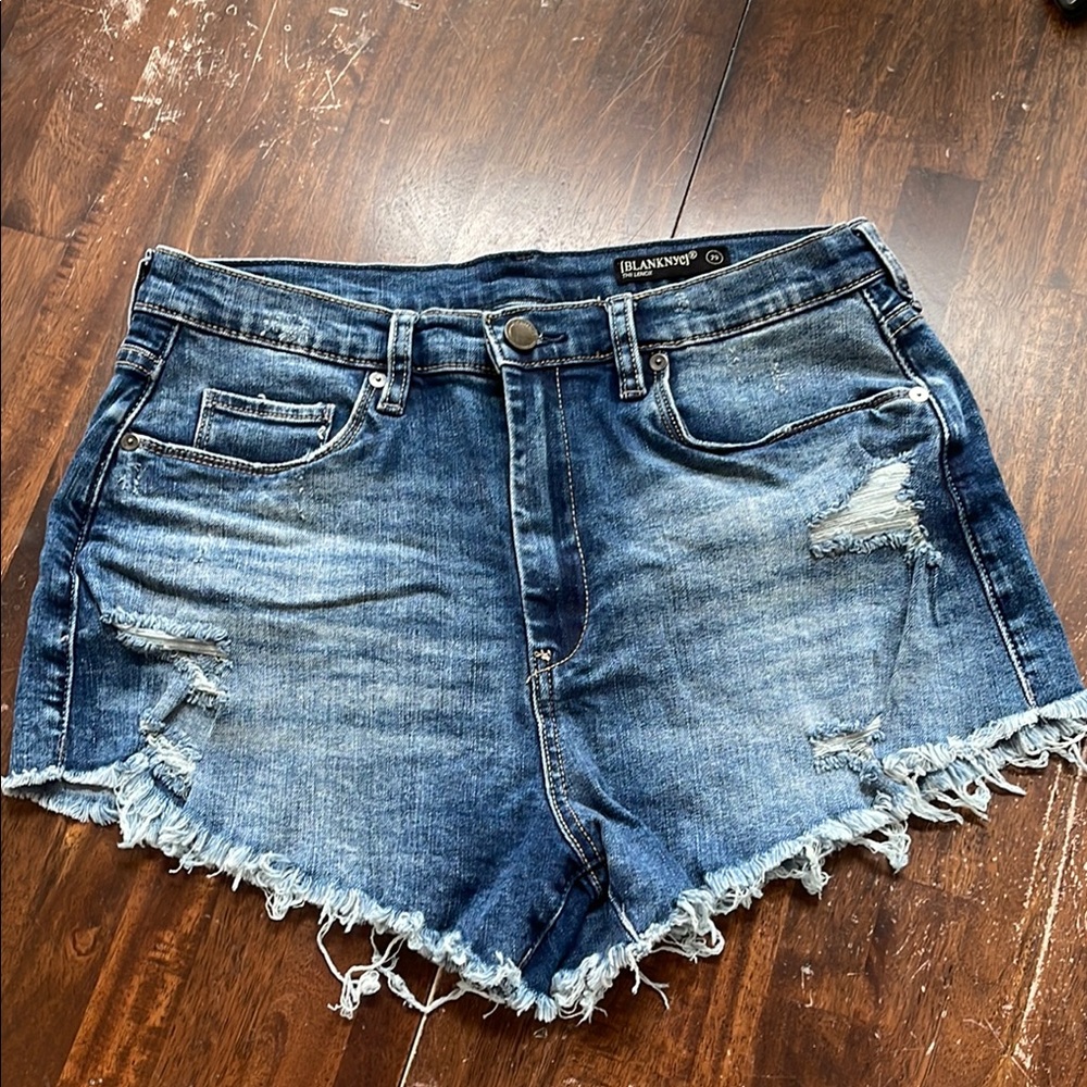 Blank NYC “The Lenox” High-Rise Distressed Frayed Hem Denim / Jean Shorts